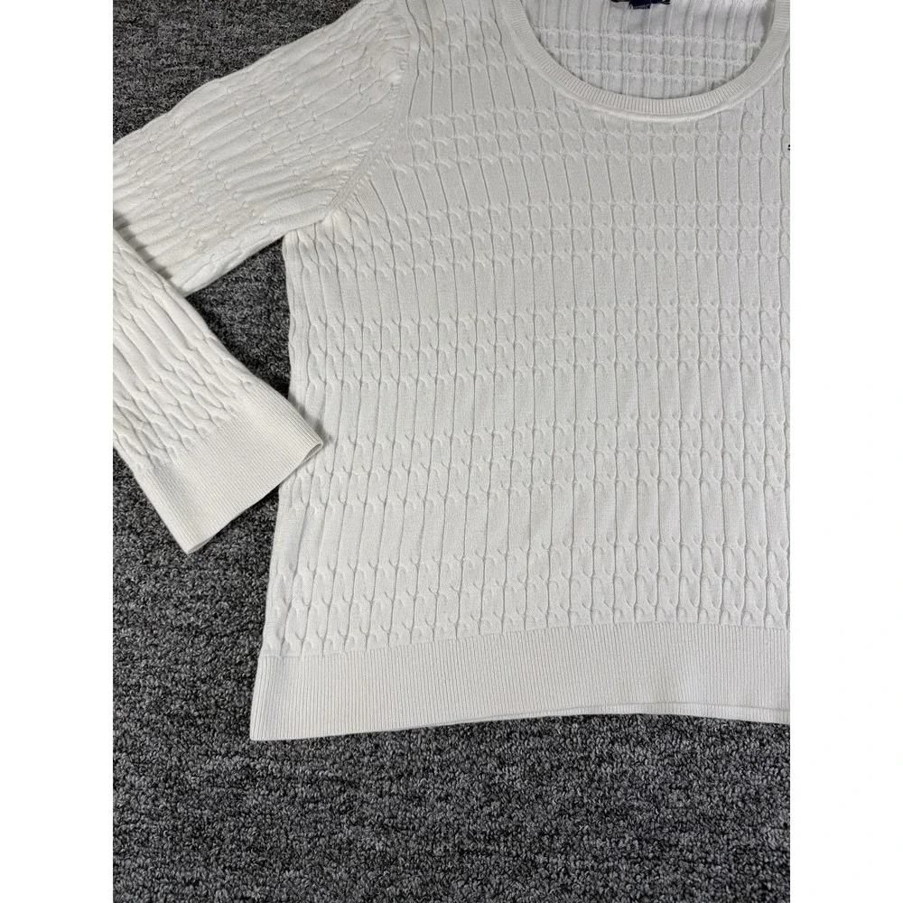 Tommy Hilfiger Sweater Womens XL White Logo Cable Knit Ribbed Hem Round Neck